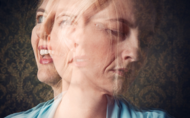 A woman's fae overlayed at three different angles going from happy, to calm to sad