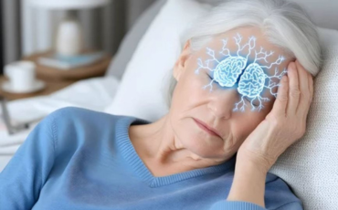 Elderly woman lying down with an image of a brain over layed depicting a headache or migraine or neurological menopausal symptom